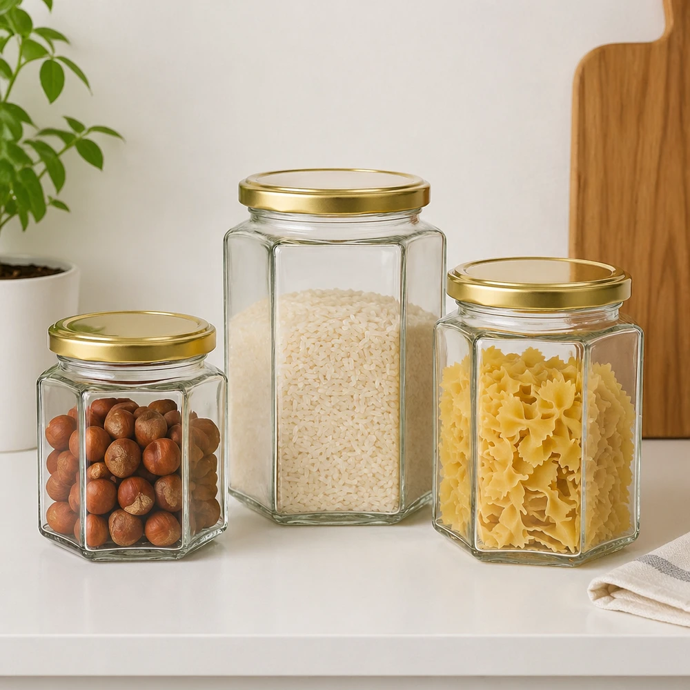 Vasetto per miele da 500 g con capsula dorata BasicSeal UNiTWIST Tre vasetti di miele da 500 g BasicSeal di varie dimensioni con coperchi dorati Noci Riso Pasta Conservazione