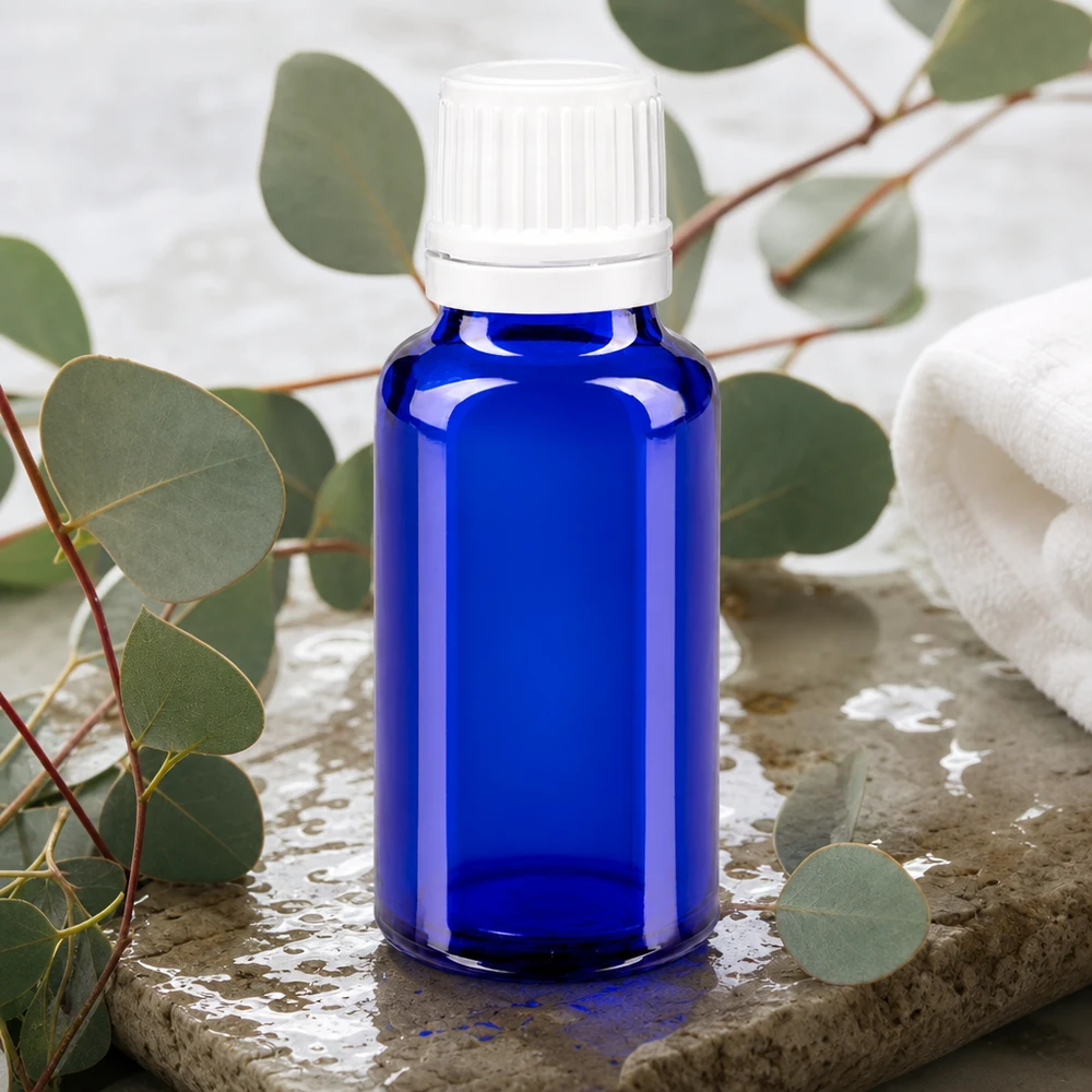Flacone contagocce blu da 20ml OV bianco/0,7mm ApoGlas Contenitore in vetro blu da 20 ml con tappo di sicurezza e beccuccio dosatore di precisione da 0,7 mm per oli