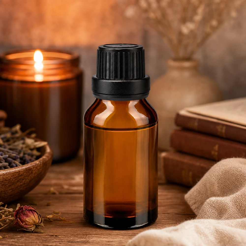 Flacone da farmacia per aromaterapia da 15 ml in vetro ambrato con tappo a vite nero per oli essenziali