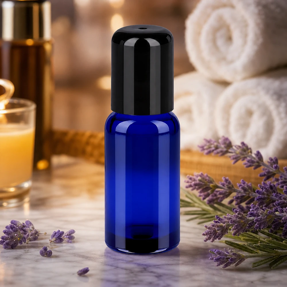 Flacone roll-on da 20 ml nero STD BlueLine UT18/20 Contenitore roll-on da 20 ml dall'elegante design blu con tappo nero per il benessere