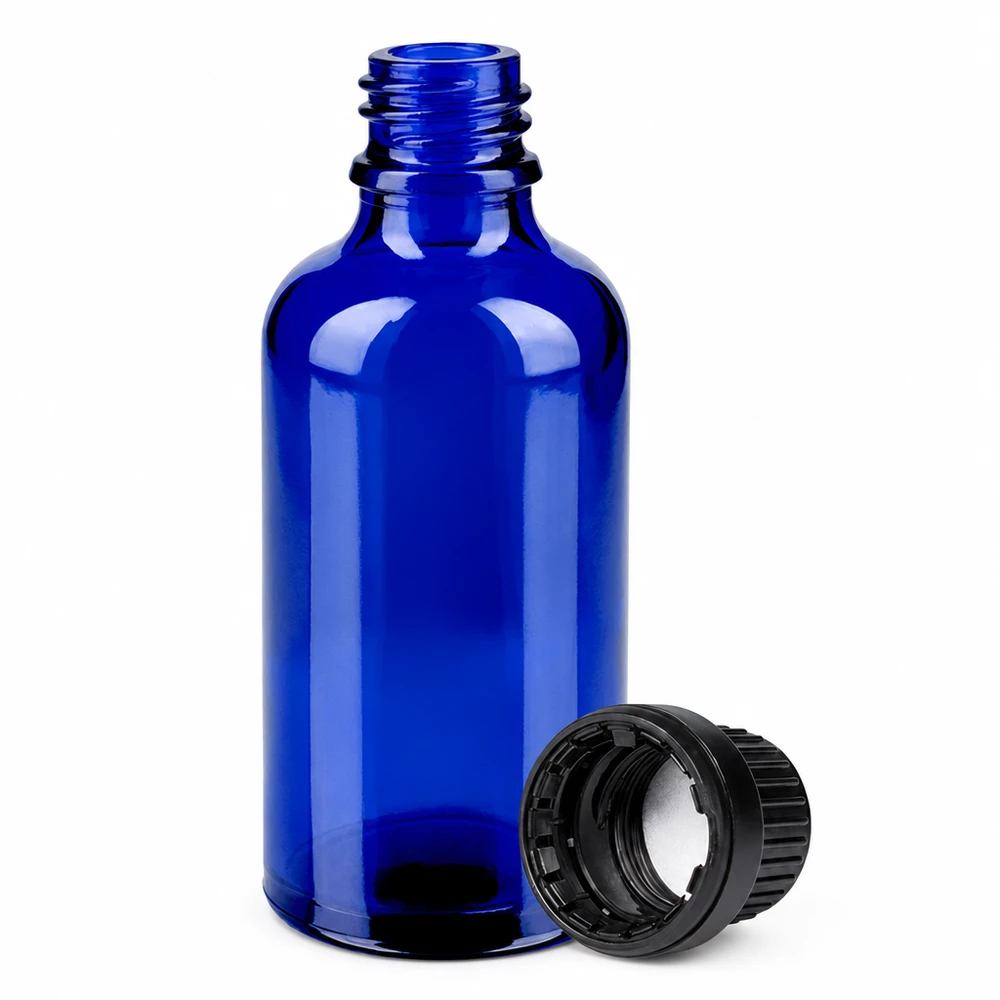 Bottiglia da 50ml 11mm SV nero OV BlueLine UT18/50 Piccola bottiglia in vetro blu da 50 ml con tappo antimanomissione per aromaterapia e tinture