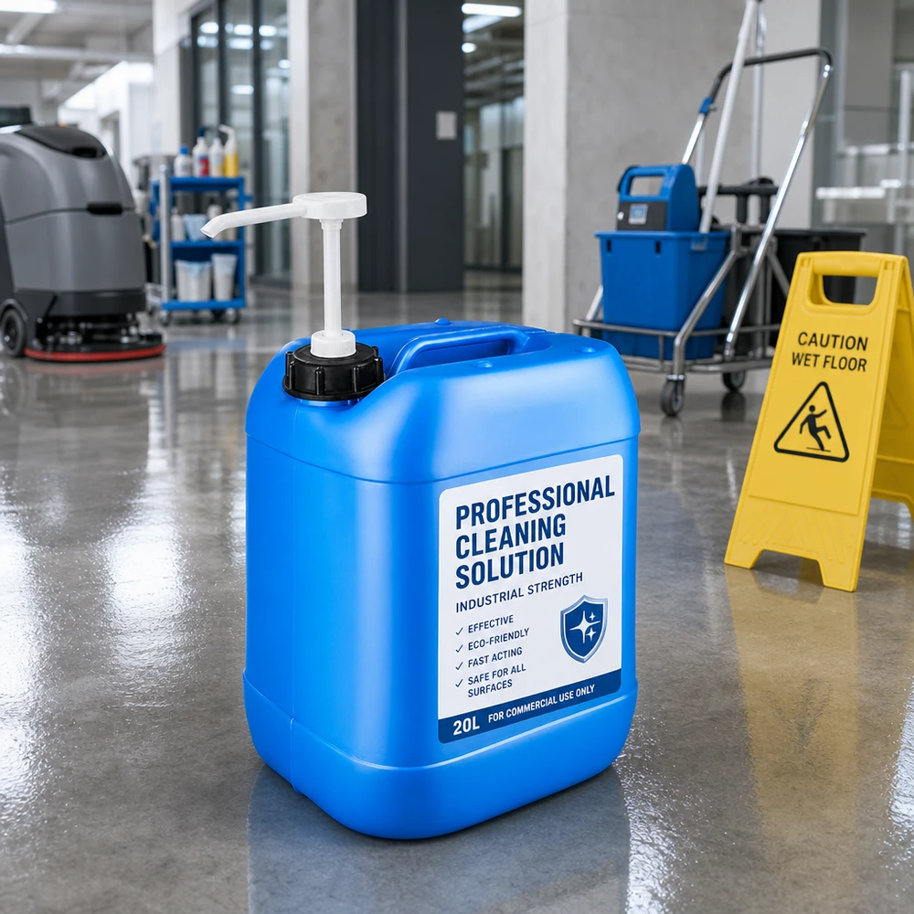 Tanica blu da 20 litri con pompa dosatrice su pavimento in cemento accanto a un cartello di avvertimento giallo con la scritta “Pavimento bagnato”