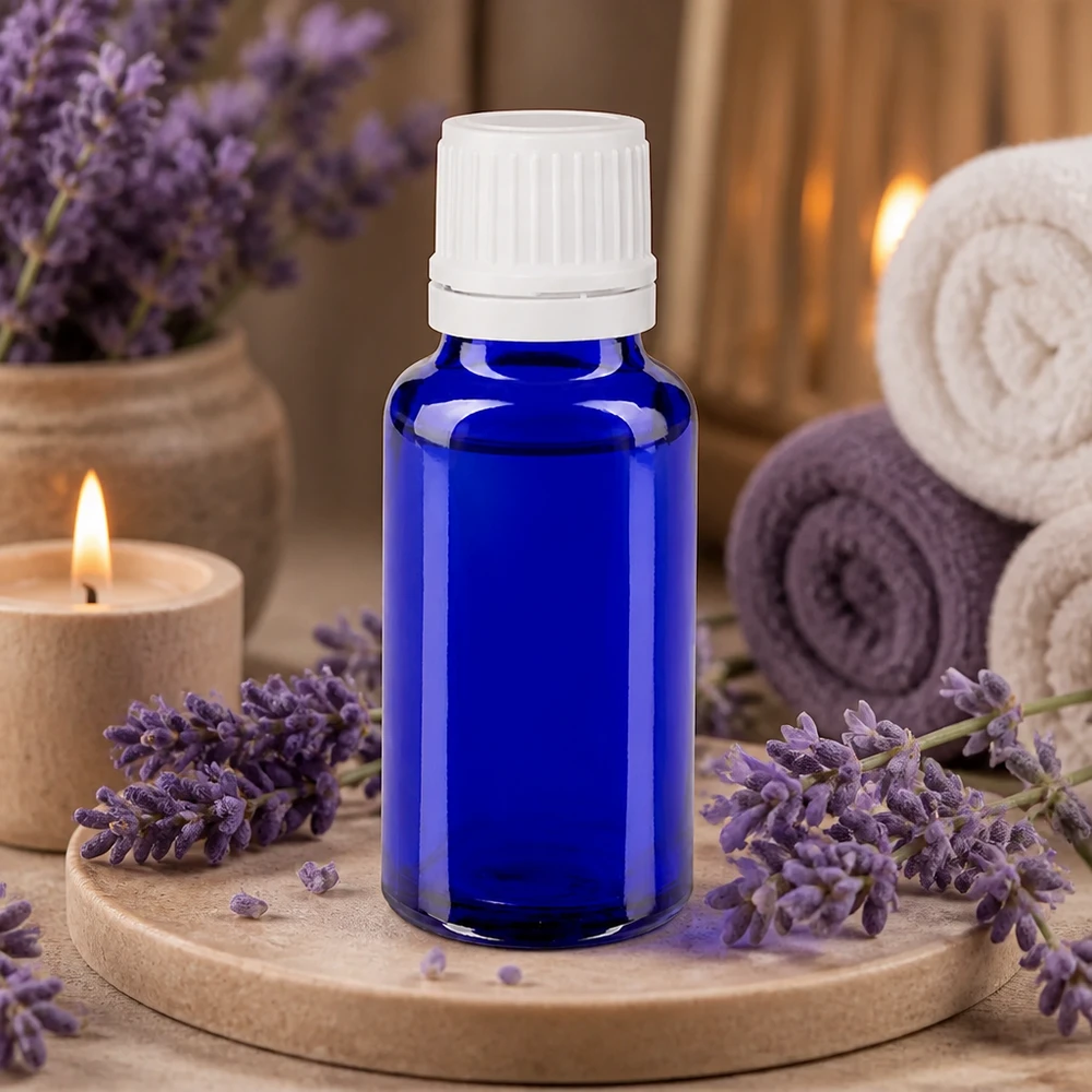 Bottiglia da farmacia blu da 20ml. SV OV bianco/11mm ApoGlas Flacone di vetro blu da 20 ml con tappo di sicurezza per bambini bianco, tra fiori di lavanda e candele