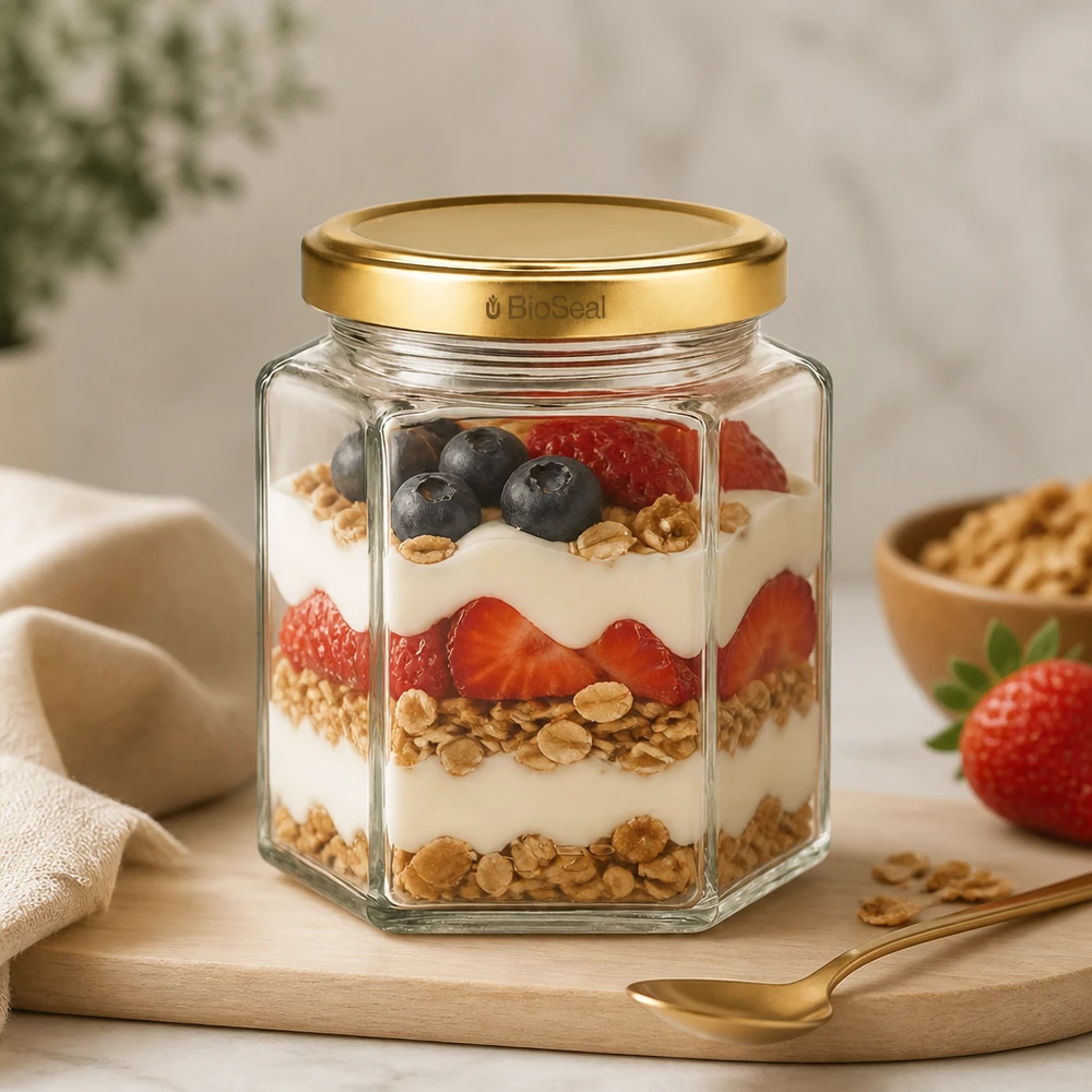 UNiTWIST Hexa390 con coperchio dorato TO70 BioSeal Barattolo UNiTWIST Hexa390 con coperchio TO70 BioSeal riempito di muesli yogurt frutti di bosco come parfait su una tavola di legno