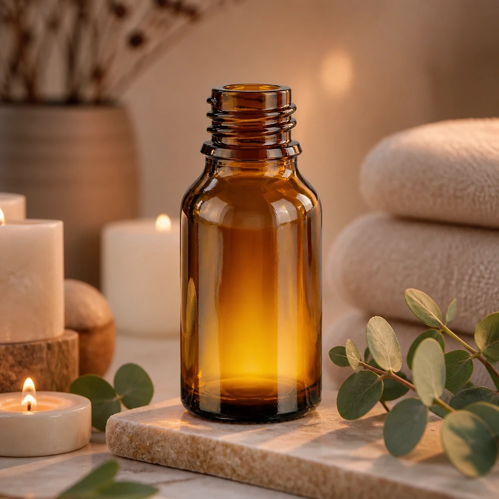 Flacone farmaceutico ambrato da 30 ml ad alto stampo ApoGlas Bottiglia da farmacia in ApoGlas marrone da 30 ml, forma alta, con ramoscelli di eucalipto, collezione di candele e pietre.