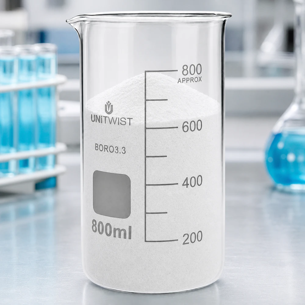 Vaso di vetro UNITWIST da 800 ml, modello alto, riempito di polvere bianca su un tavolo da laboratorio in borosilicato