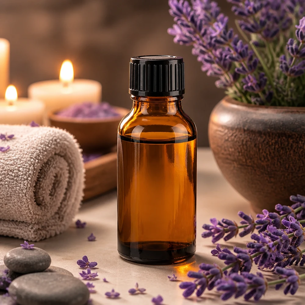 Flacone contagocce in vetro da farmacia da 20 ml di colore marrone con tappo contagocce nero, accanto a fiori di lavanda
