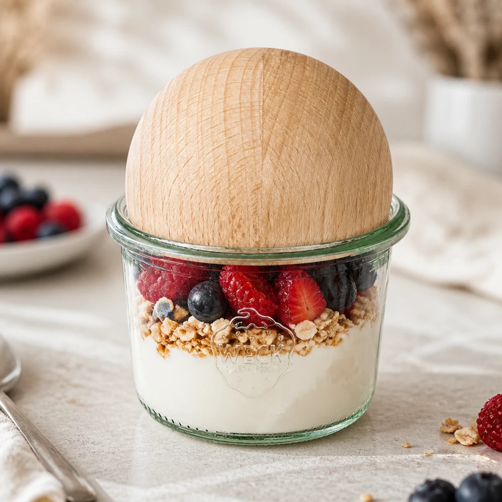 WECK 80ml RR60 tumbler con sfera in legno di faggio riempito con yogurt, granola e frutti di bosco come parfait per la colazione