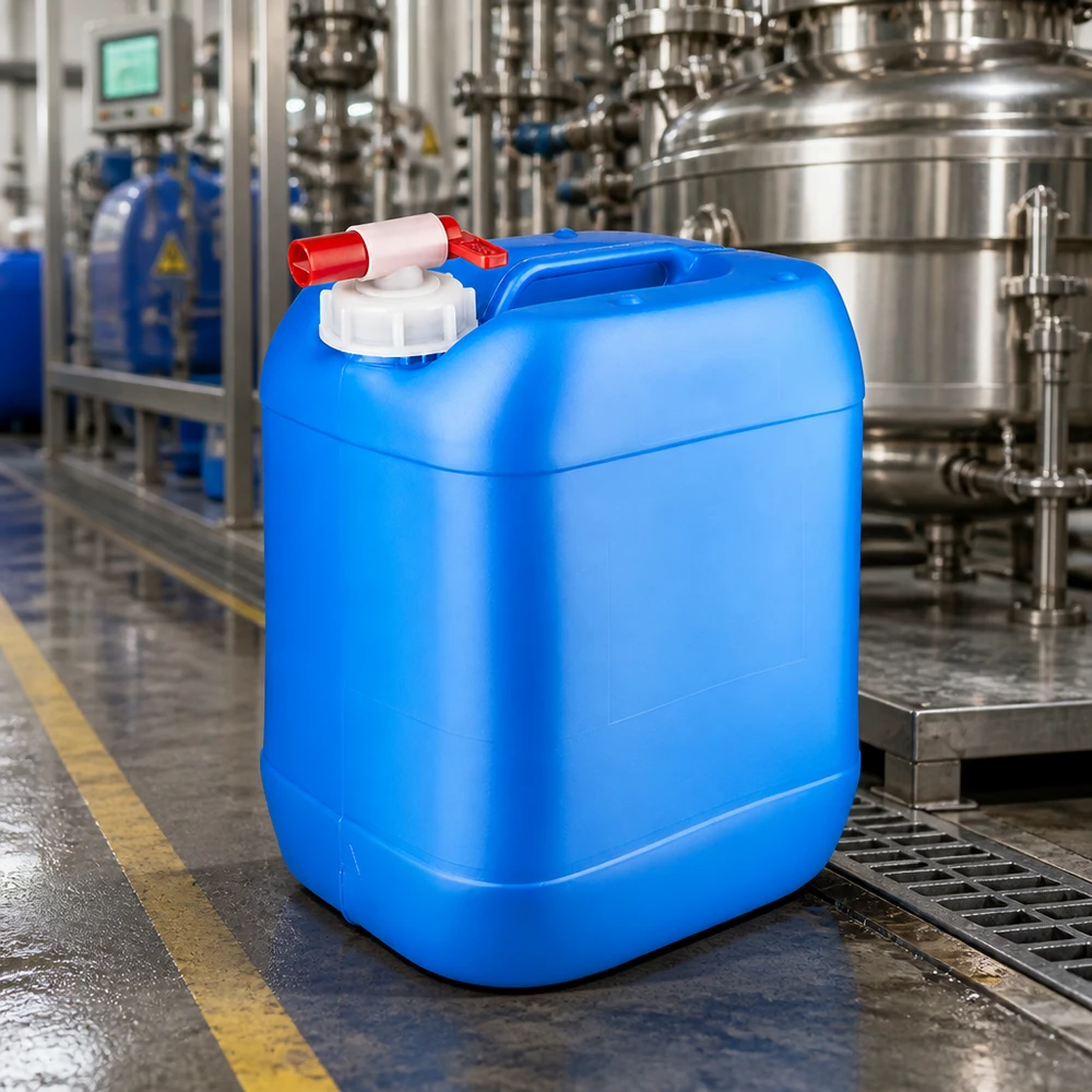 Tanica industriale da 20 litri, blu, con rubinetto, in plastica HDPE, in un impianto di produzione chimica