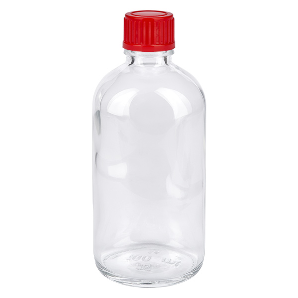 Bottiglia da 100ml 11mm SV rosso STD ClearLine UT18/100 Flacone in vetro trasparente da 100 ml con tappo a vite rosso da 11 mm, flacone medico ClearLine UT18/100