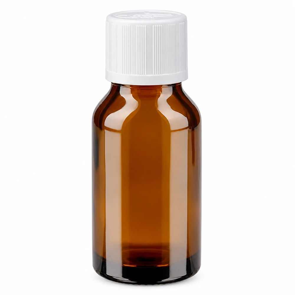 Bottiglia per farmacia marrone 15ml tappo a vite bianco KiSi St Flacone da farmacia marrone da 15 ml con tappo di sicurezza per bambini bianco, in vetro marrone