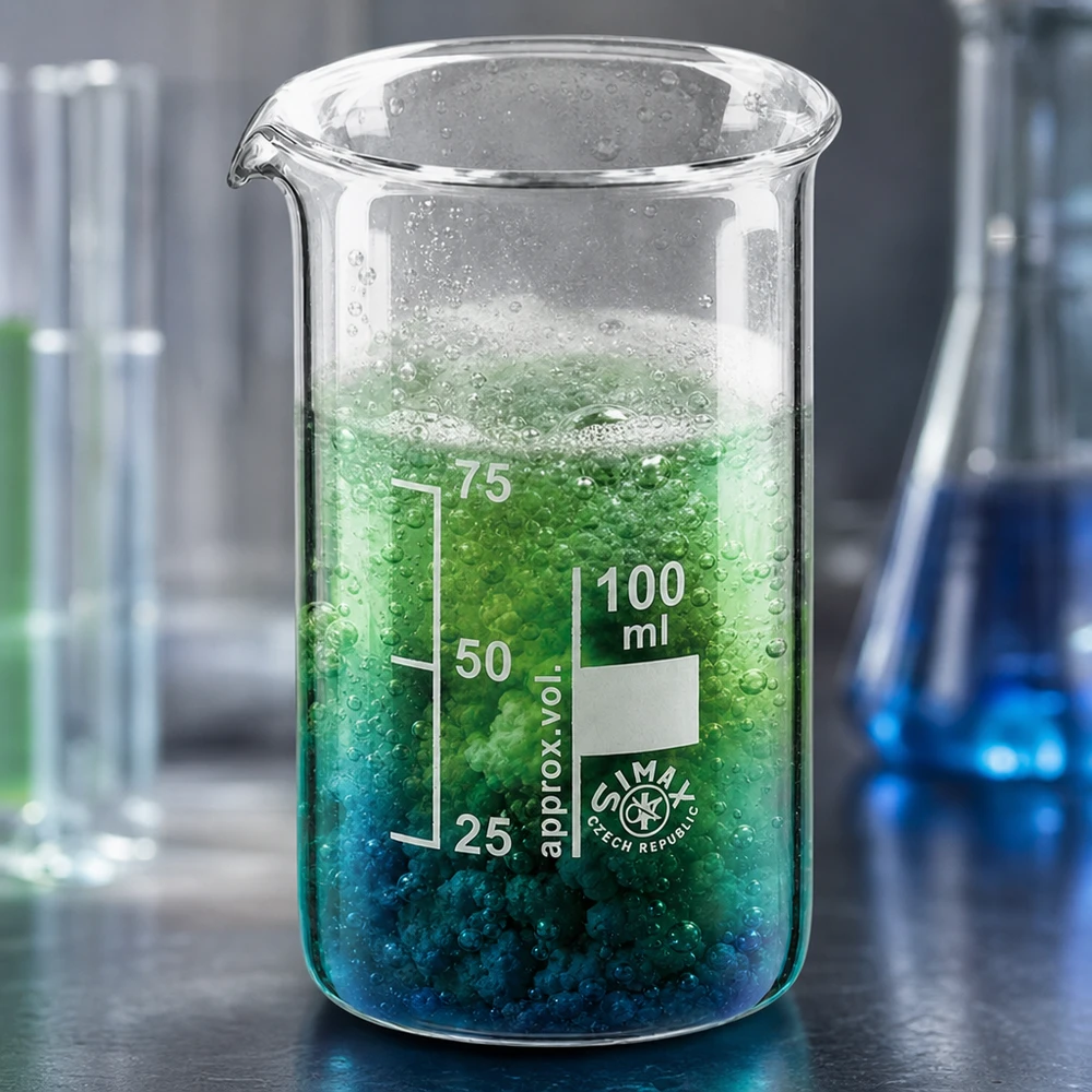 Bicchiere da 100 ml in vetro borosilicato, forma alta Miscela verde reattiva nel becher Simax da 100 ml, modello alto, con formazione di bolle