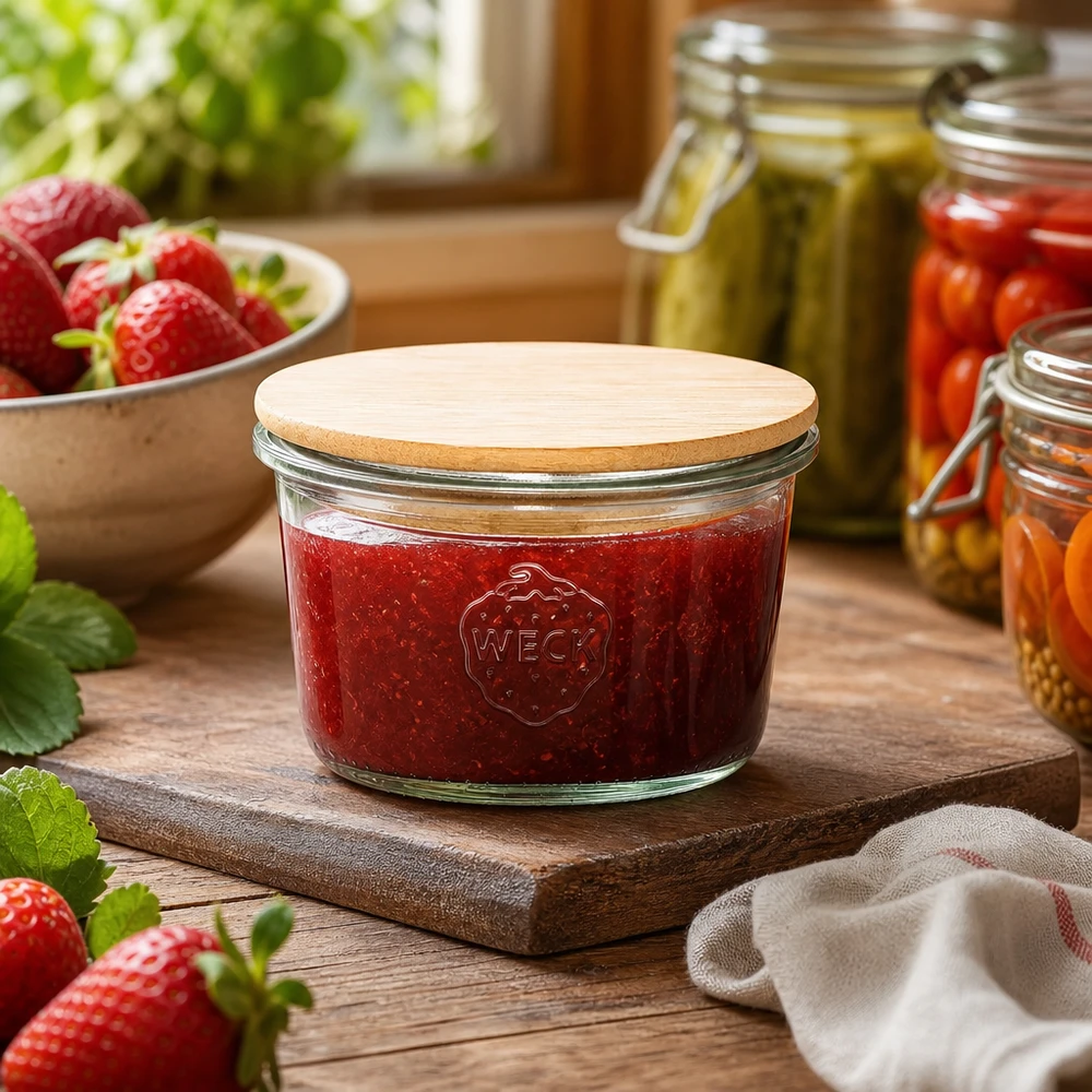 Barattolo WECK 80ml RR60 con coperchio in legno riempito di marmellata di fragole in cucina rustica con fragole fresche