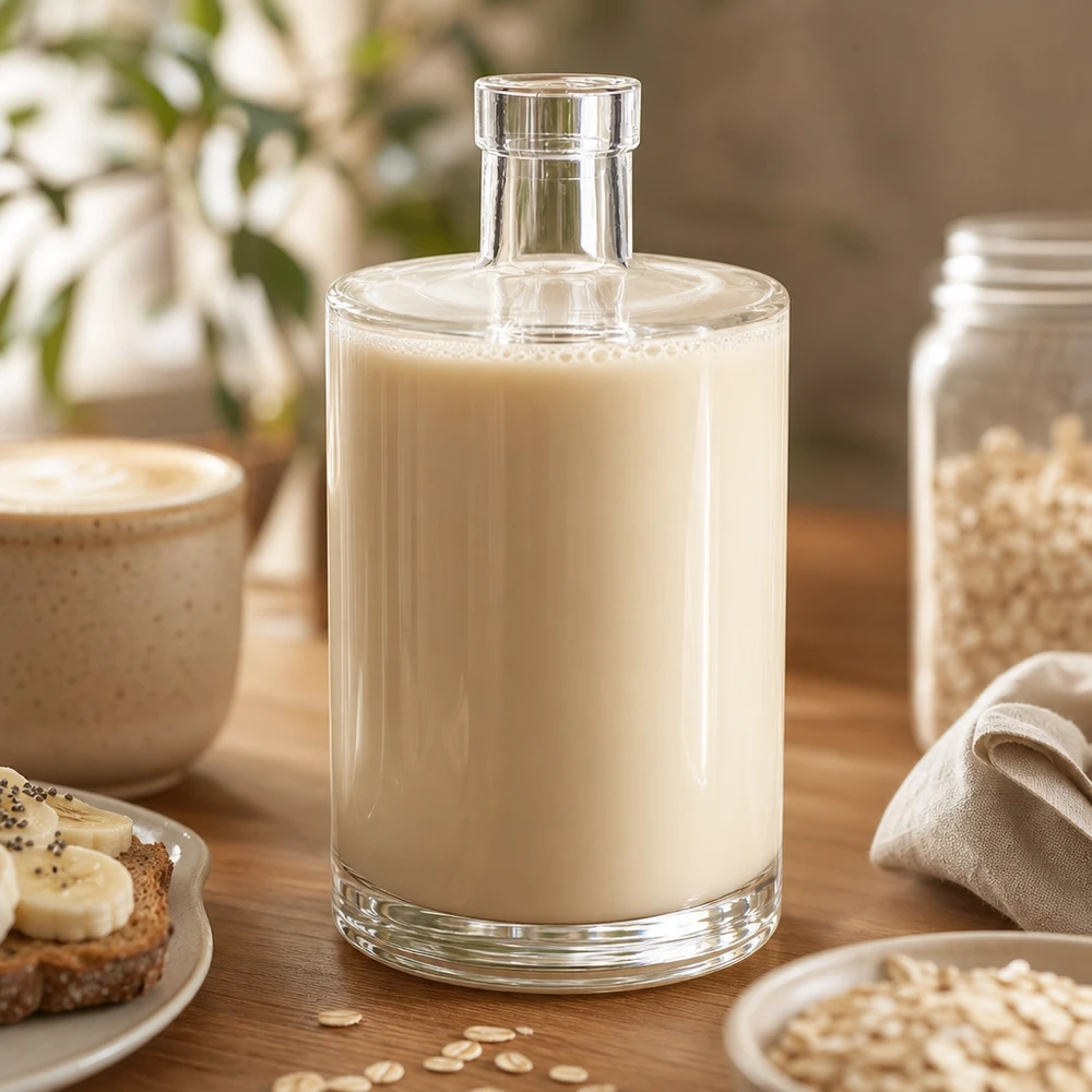 Bottiglia in vetro da 700 ml Marie senza tappo UNiTWIST® Bottiglia di vetro da 700 ml Marie riempita di latte d'avena sul tavolo di legno accanto alla ciotola dei cereali e ai fiocchi d'avena in cucina