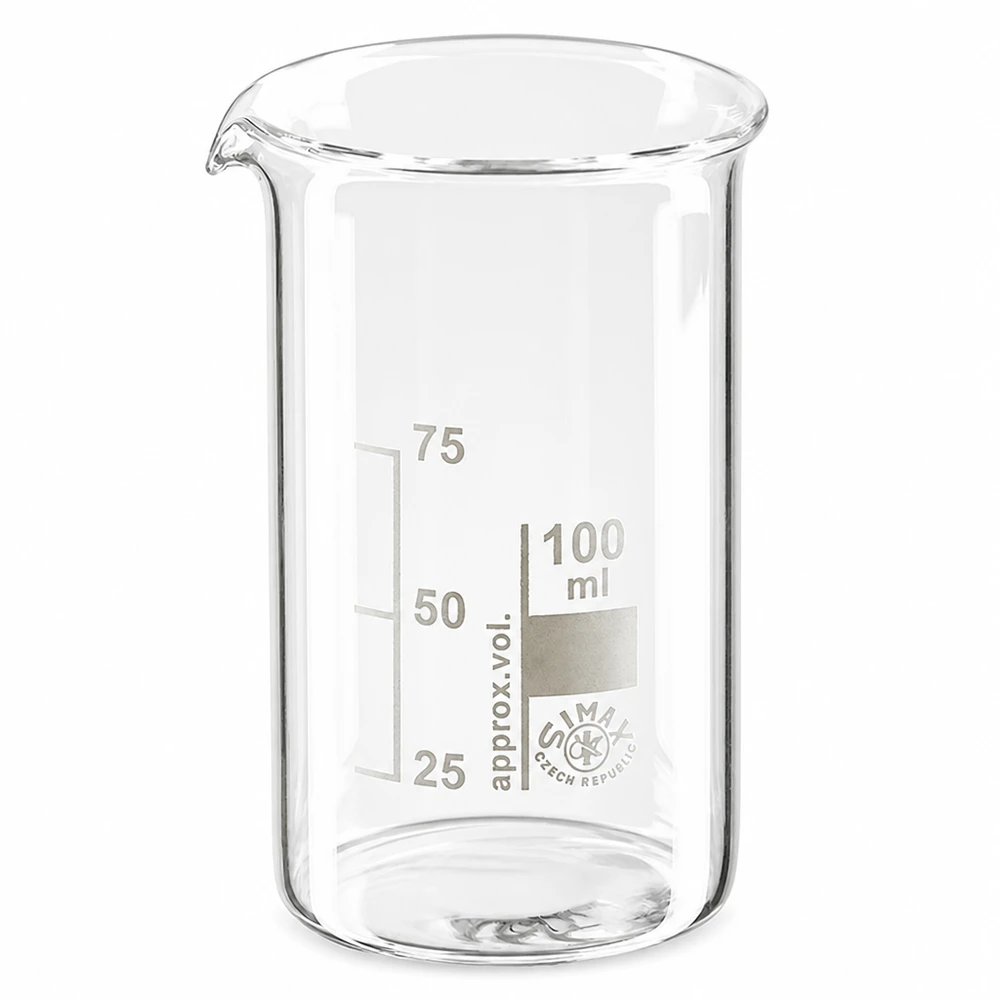 Bicchiere da laboratorio da 100 ml, forma alta, in vetro borosilicato trasparente, con scala di misurazione e beccuccio