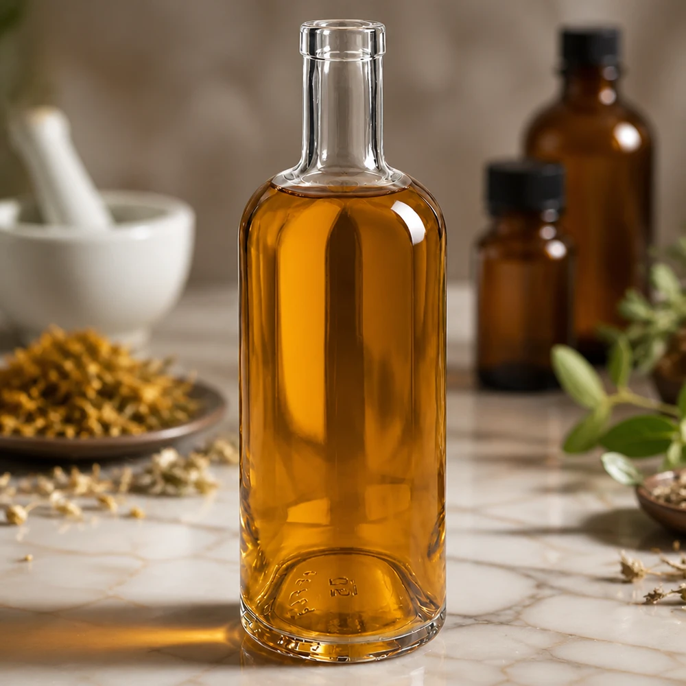 Bottiglia in vetro da 750 ml Emma senza tappo UNiTWIST® 750ml Glasflasche Emma mit goldbraunem Inhalt in apotheker-ähnlicher Umgebung mit Kräutern und Mörser dekoriert