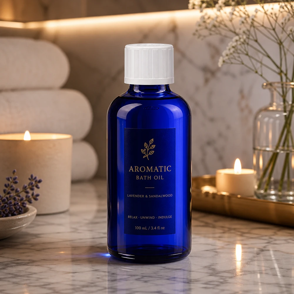 Flacone da farmacia da 50 ml blu cobalto con tappo KiSi bianco in un elegante ambiente da bagno