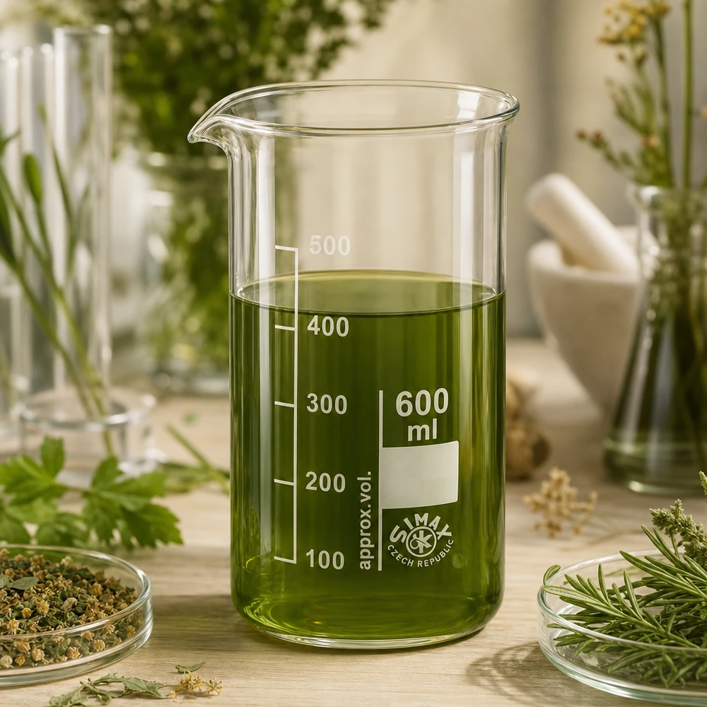 Bicchiere da laboratorio da 600 ml, forma alta, con estratto di erbe verde circondato da erbe medicinali fresche e rametti di rosmarino