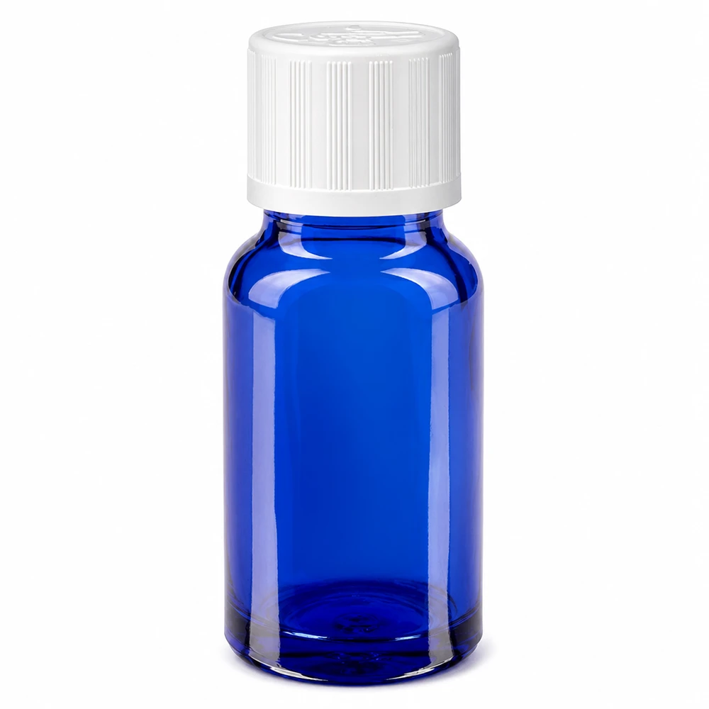 Bottiglia da farmacia blu da 10 ml. SV STD KiSi bianco/11mm ApoGlas Flacone da farmacia in vetro blu da 10 ml con tappo di sicurezza per bambini bianco da 11 mm