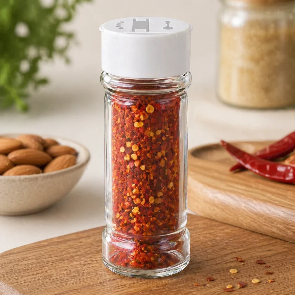 Saliere da 100 ml in vetro trasparente riempita con fiocchi di peperoncino, appoggiata su un tagliere con peperoncini essiccati