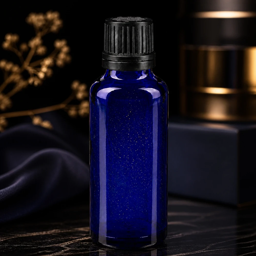 Flacone contagocce in vetro farmaceutico da 30 ml, blu, con tappo a vite nero, per oli essenziali