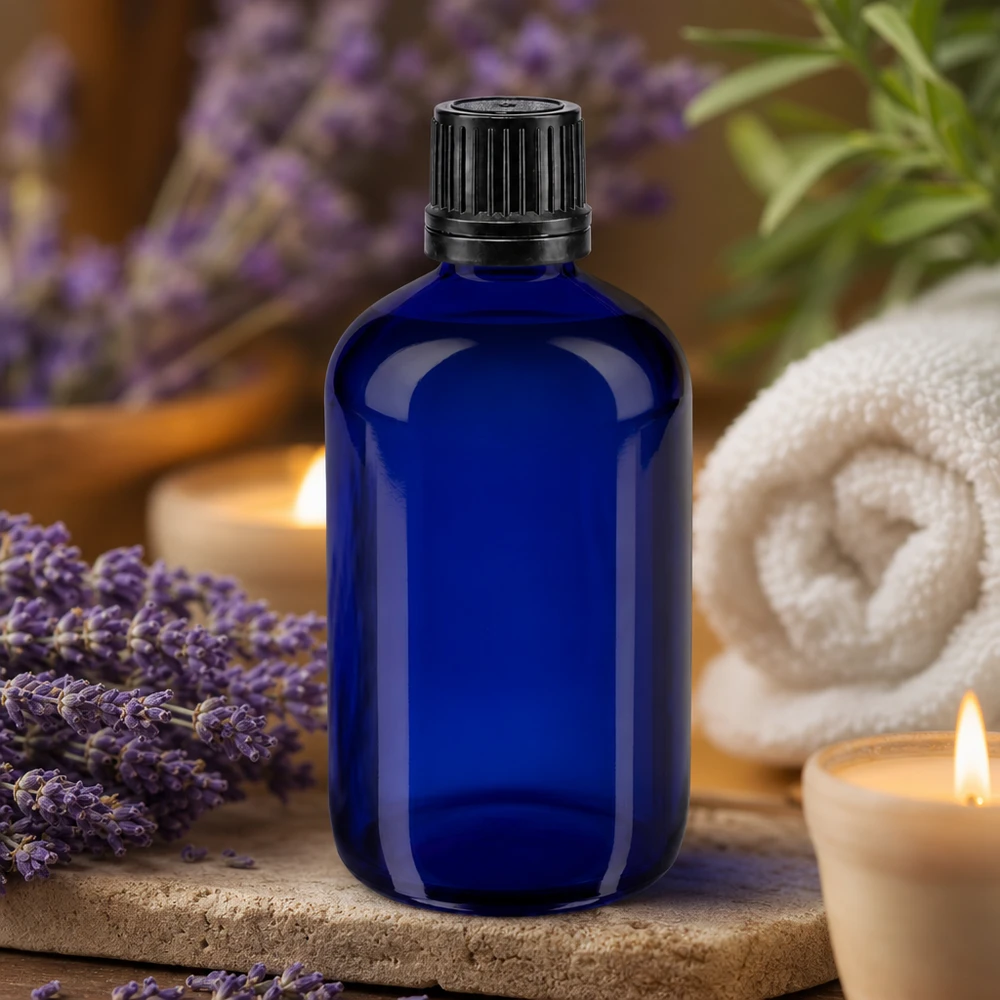 Flacone di vetro blu da 100 ml con tappo nero a prova di bambino per oli essenziali
