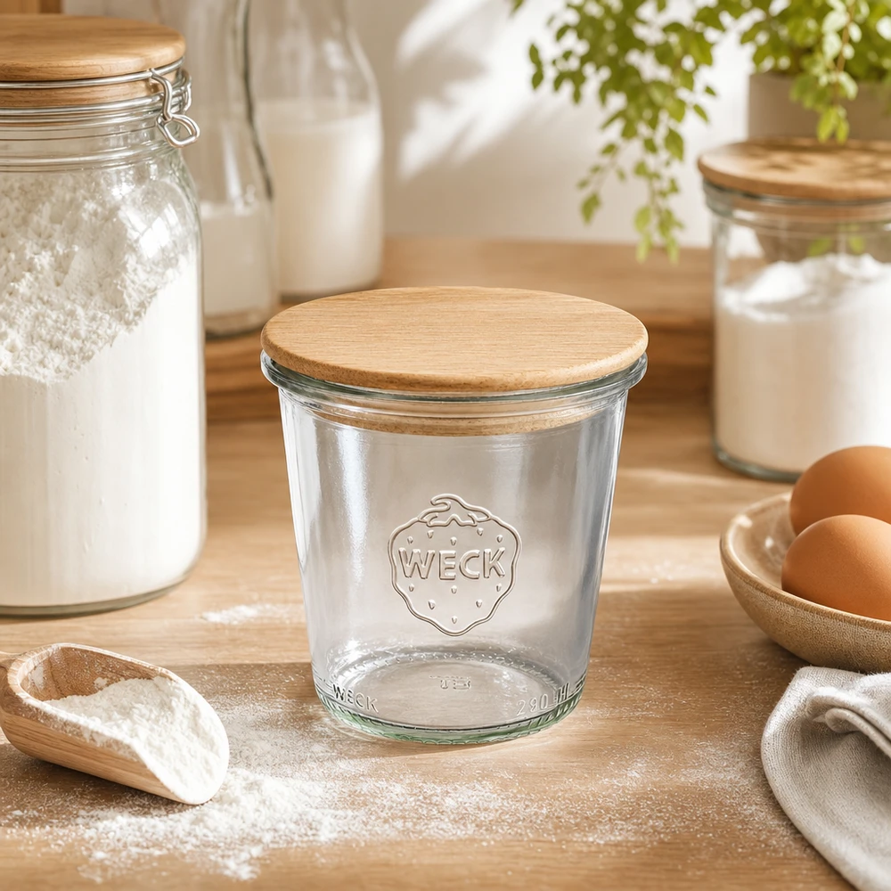 Bicchieri alti da 290 ml WECK RR80 con coperchio in legno WECK Sturzglas 290ml RR80 mit Holzdeckel in natürlicher Küchenszene mit Mehl Eiern und Backzutaten auf Holzbrett