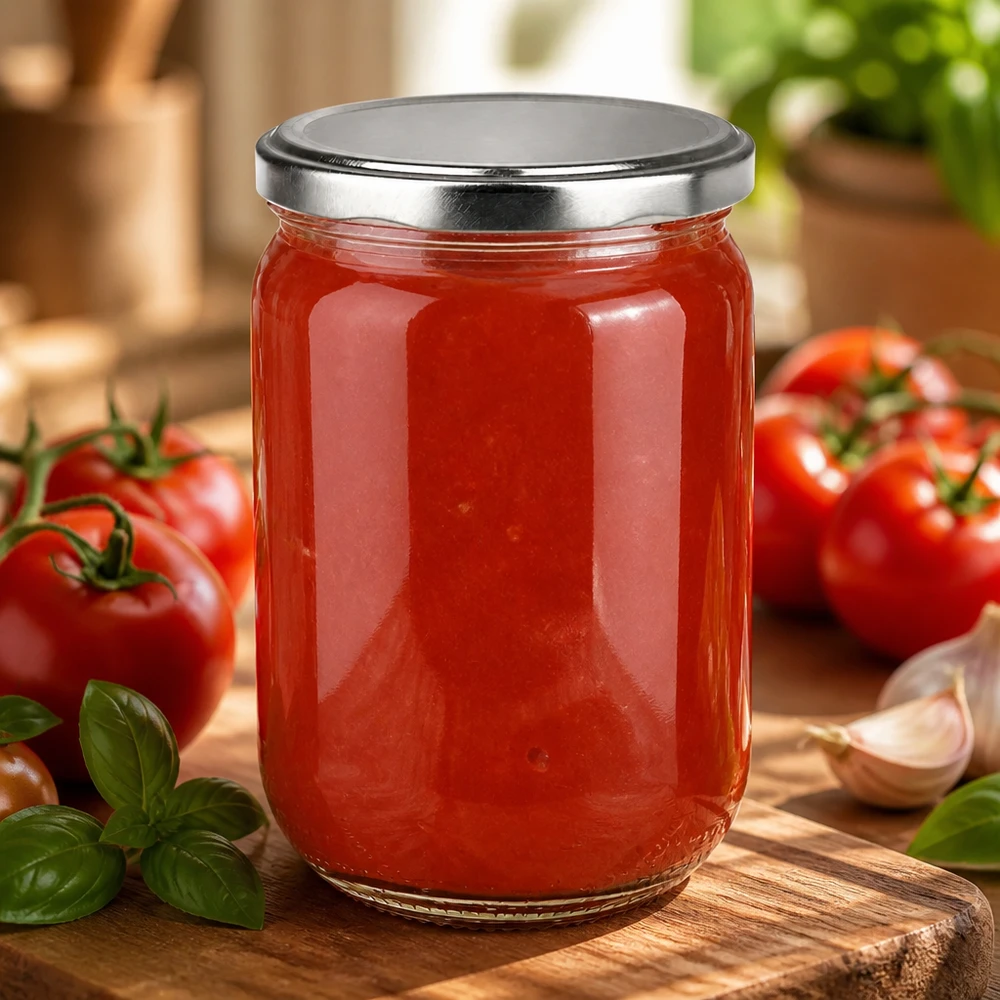Vaso rotondo in vetro da 555 ml + coperchio BasicSeal argento UNiTWIST Vaso di vetro rotondo UNiTWIST da 555 ml riempito con passata di pomodoro, accanto a basilico fresco e pomodori rossi