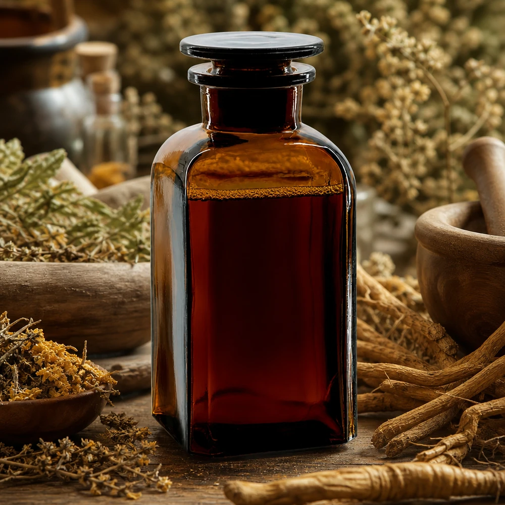 Classica bottiglia quadrata da 350 ml, di colore marrone, con tappo di vetro circondato da erbe medicinali essiccate e radici