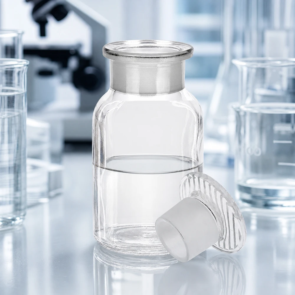 Bottiglia a spalla tonda 100ml trasparente a collo largo con tappo in vetro Fiaschetta a spalla arrotondata da 100 ml a collo largo con tappo in vetro per la conservazione sicura dei campioni di laboratorio