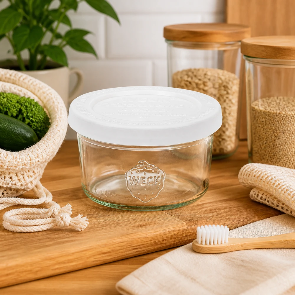 Bicchieri da 50 ml con coperchio salvafreschezza WECK RR60 WECK 50ml tumbler RR60 con coperchio bianco in cucina sostenibile con spazzolino da denti in bambù e prodotti a zero rifiuti