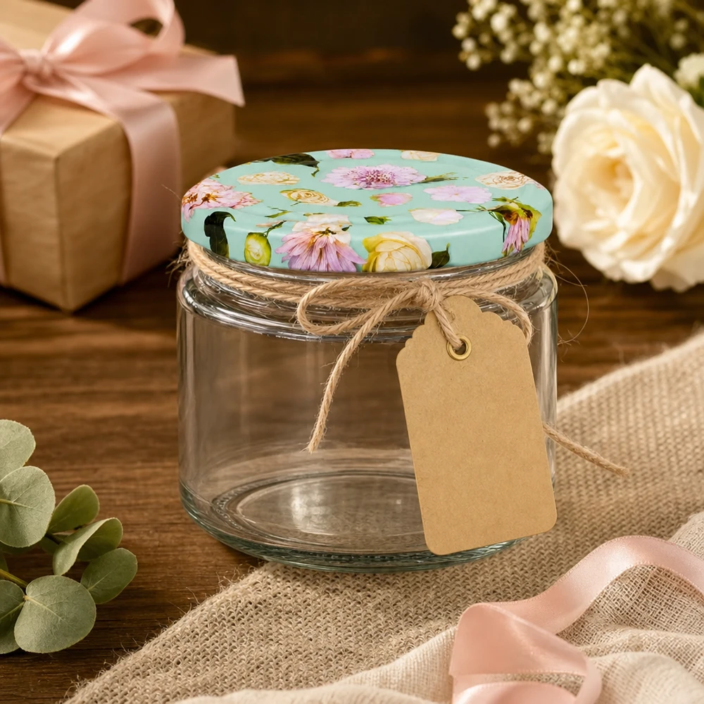 Barattolo rotondo da 330 ml BasicSeal coperchio fiore menta confezione regalo decorazione corda di iuta ciondolo romantico