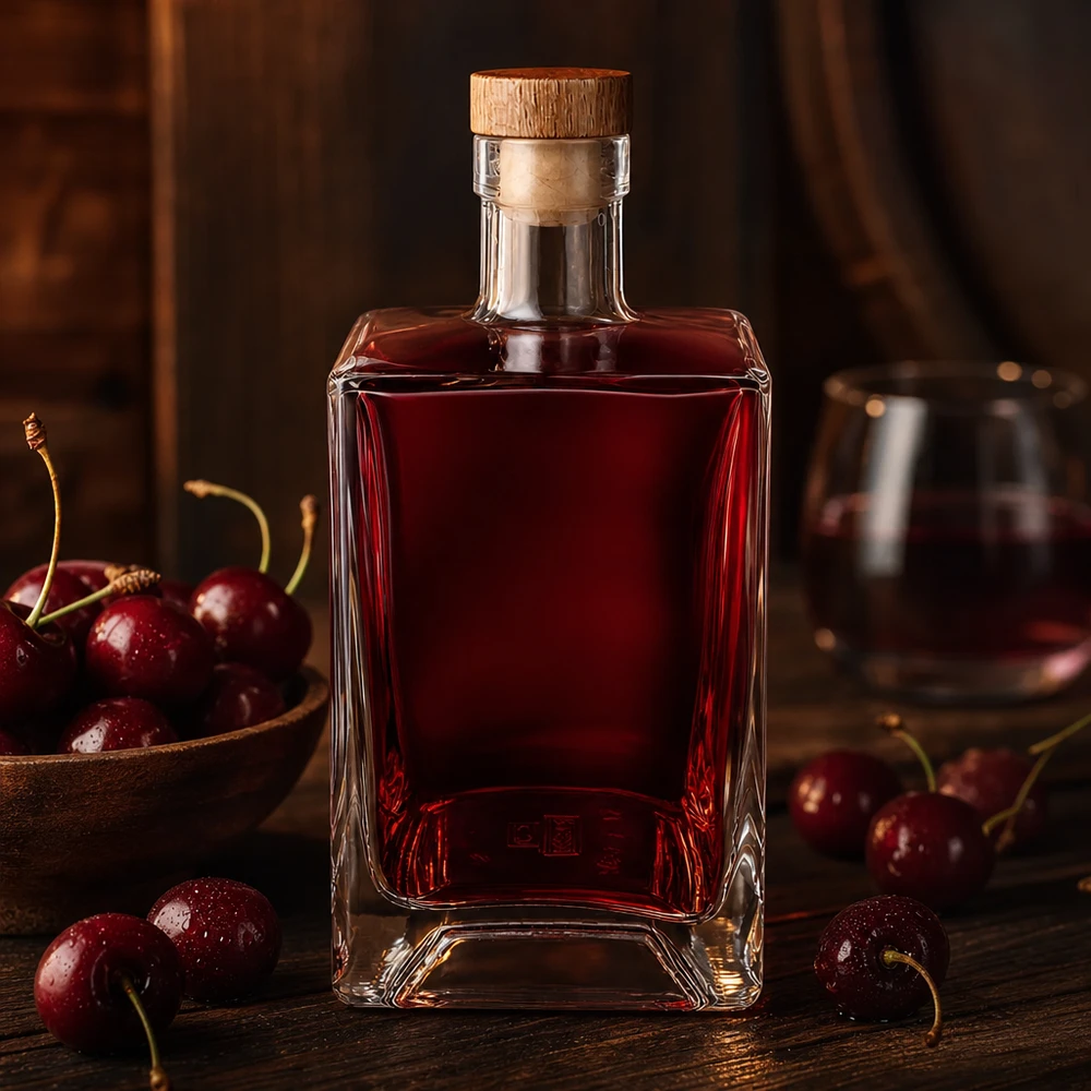 Bottiglia in vetro da 700 ml Ben con tappo in sughero con impugnatura in legno UNiTWIST® Bottiglia di vetro da 700 ml Ben riempita di liquore di ciliegie rosse tra ciliegie fresche superficie rustica in legno tappo UNiTWIST