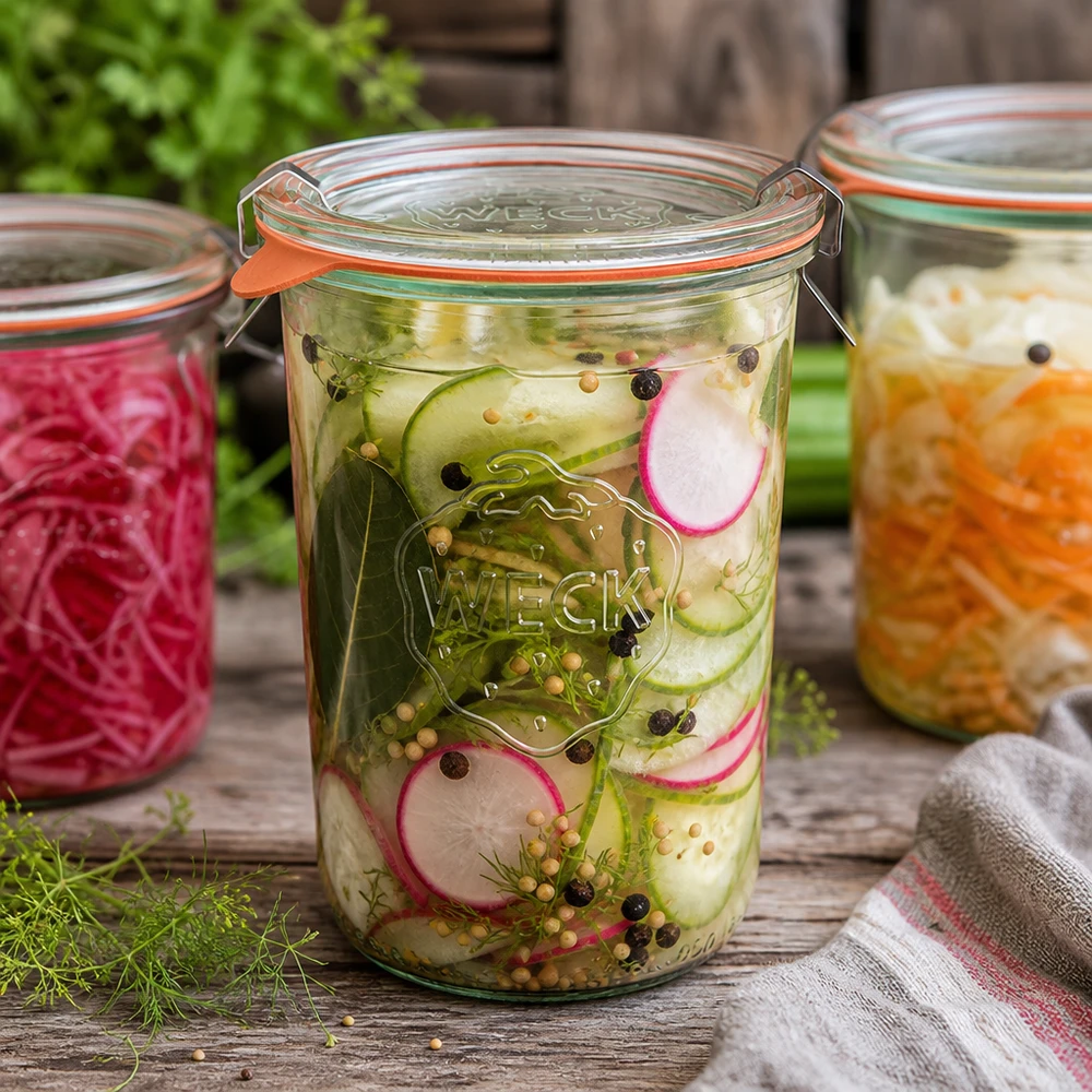 Vaso tumbler da 850 ml completo WECK RR100 WECK RR100 Sturzglas 850ml mit eingelegtem Gurken-Radieschen-Salat zeigt perfekte Fermentation und Konservierung