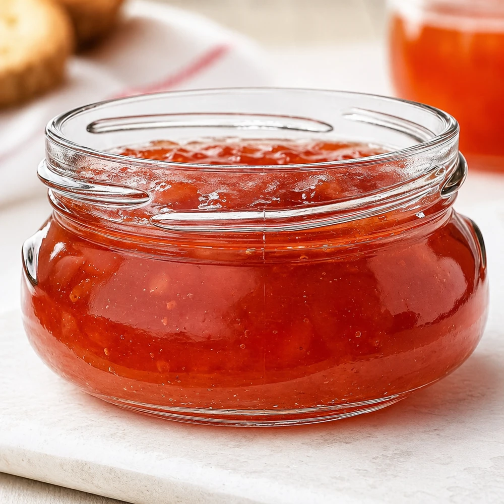 UNiTWIST Terrina120 - Vaso per terrine, capacità 120ml TO70 UNiTWIST Terrina120 vaso per terrine 120ml TO70 riempito di marmellata rossa su tavola di legno bianca