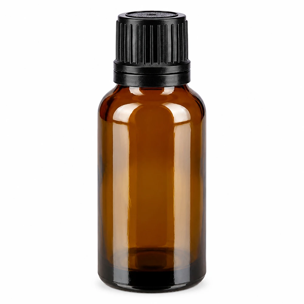 Flacone contagocce da 20 ml in vetro da farmacia di colore marrone con tappo di sicurezza nero