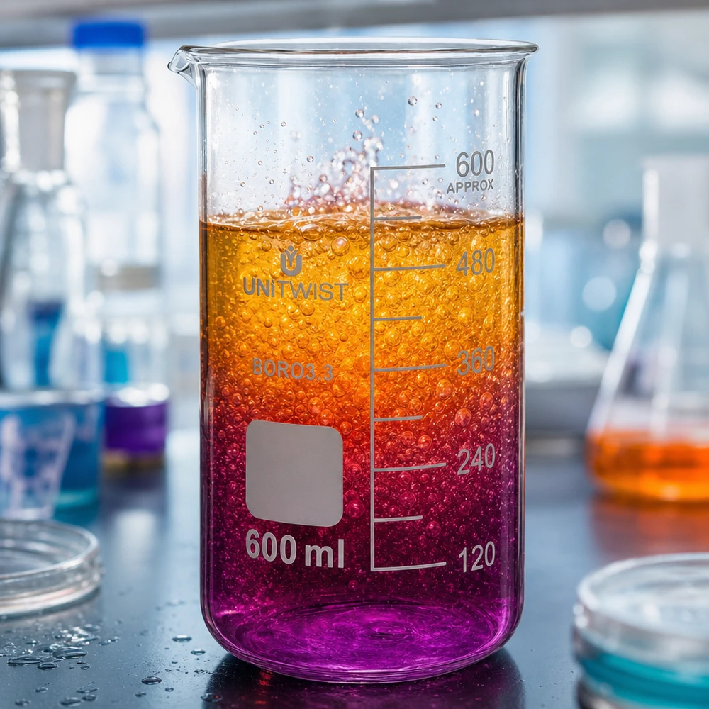 UNITWIST Bicchiere da laboratorio da 600 ml, modello alto, in borosilicato con sfumatura arancione-viola