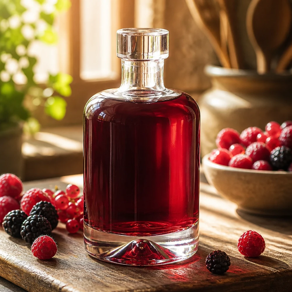 Bottiglia in vetro da 50 ml 50ml Glasflasche "Amelie" ohne Verschluss UNiTWIST senza tappo UNiTWIST® Bottiglia di vetro da 50 ml Amelie riempita con liquore di bacche rosse circondato da lamponi e more fresche mostra liquori pregiati