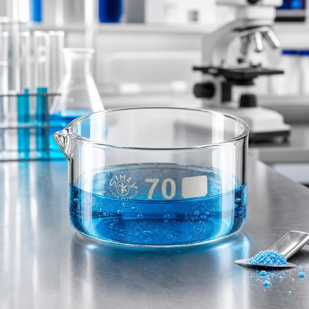 Cristallizzatore da 100 ml con beccuccio Bo.. ø70mm Vaschetta di cristallizzazione piatta da 100 ml con beccuccio su un piano di lavoro in acciaio inossidabile, accanto al microscopio e alle provette