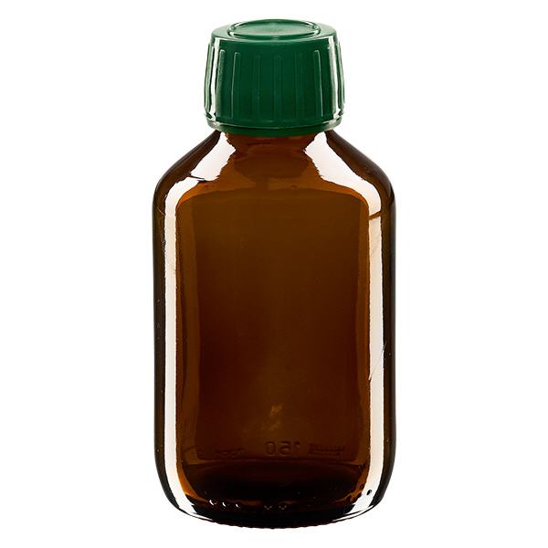 Flacone per medicinali da 150 ml marrone, tappo verde con chiusura antimanomissione Flacone per medicinali da 150 ml marrone, tappo verde con chiusura antimanomissione