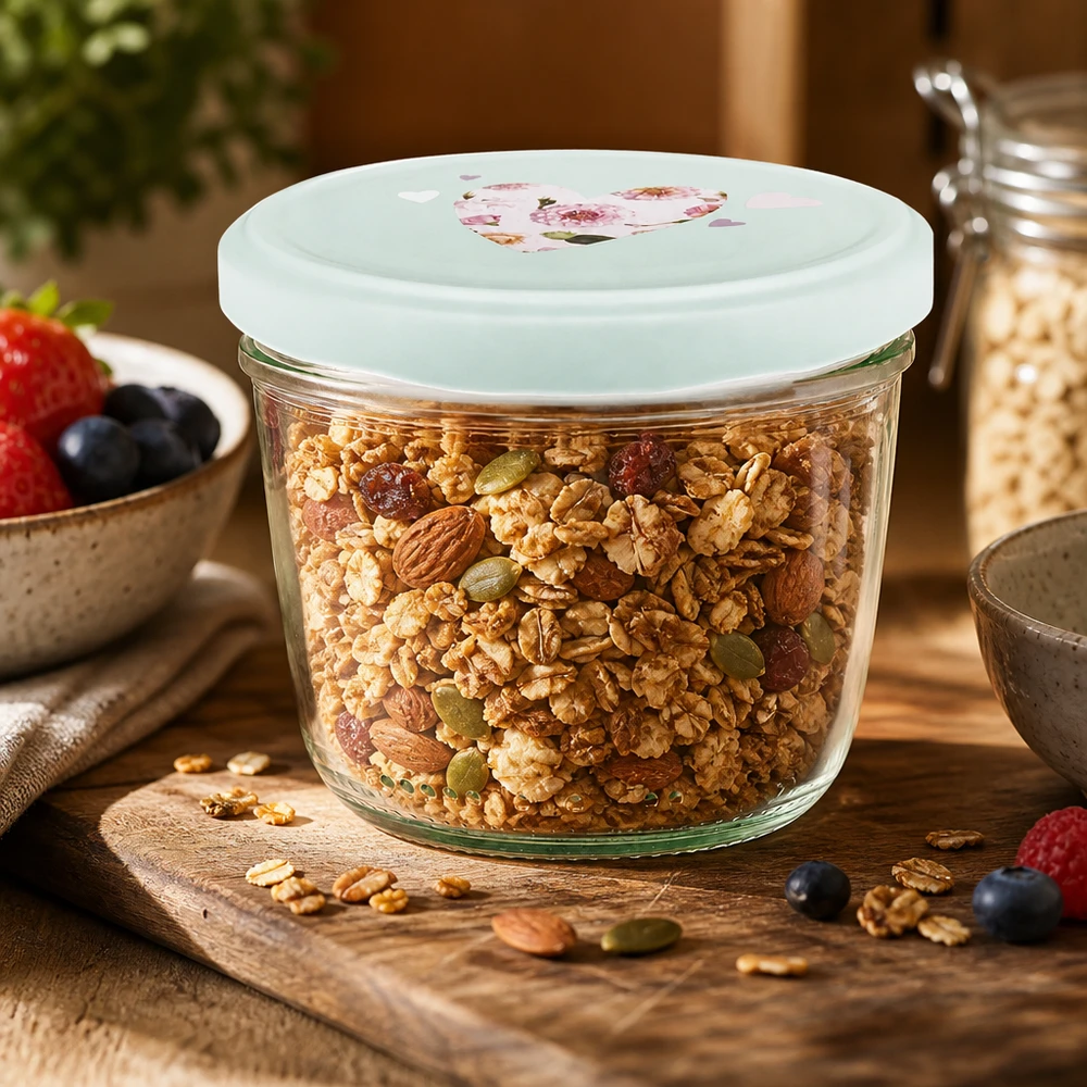 Bicchieri da 230 ml + coperchio BasicSeal cuore menta UNiTWIST Granola e muesli in tumbler da 230 ml con coperchio BasicSeal cuore di menta, per conservare in modo ermetico i cereali per la colazione