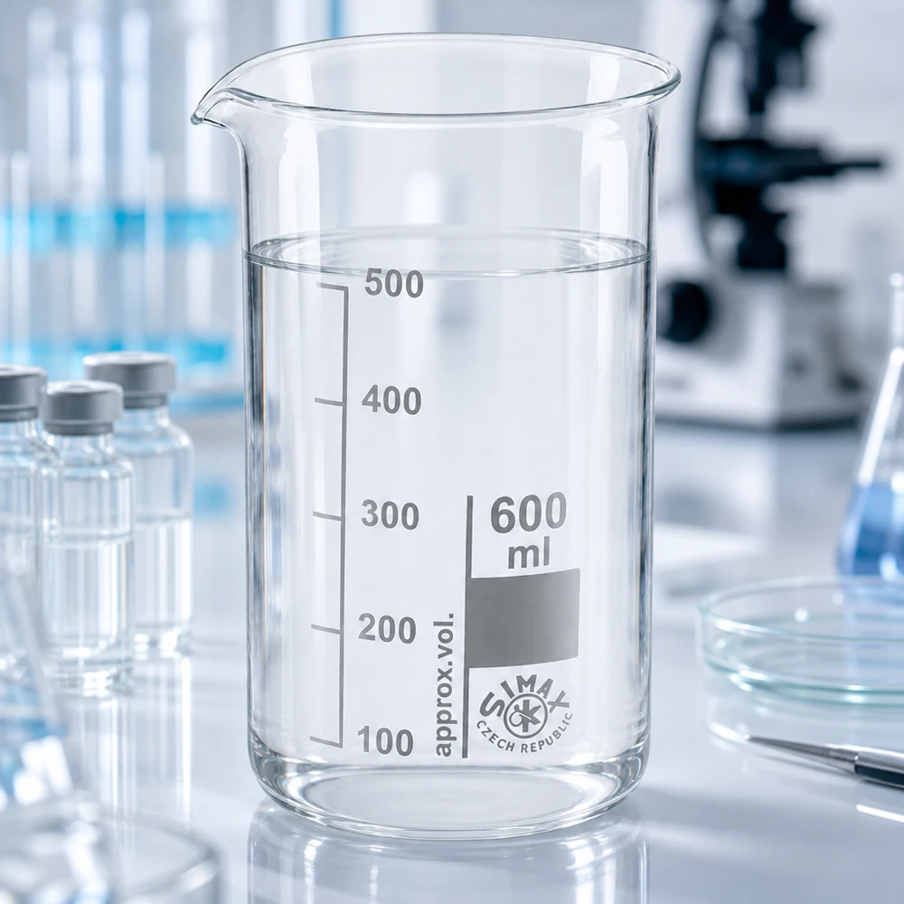 Becher vuoto da 600 ml, forma alta, in vetro borosilicato trasparente con graduazione, su tavolo da laboratorio