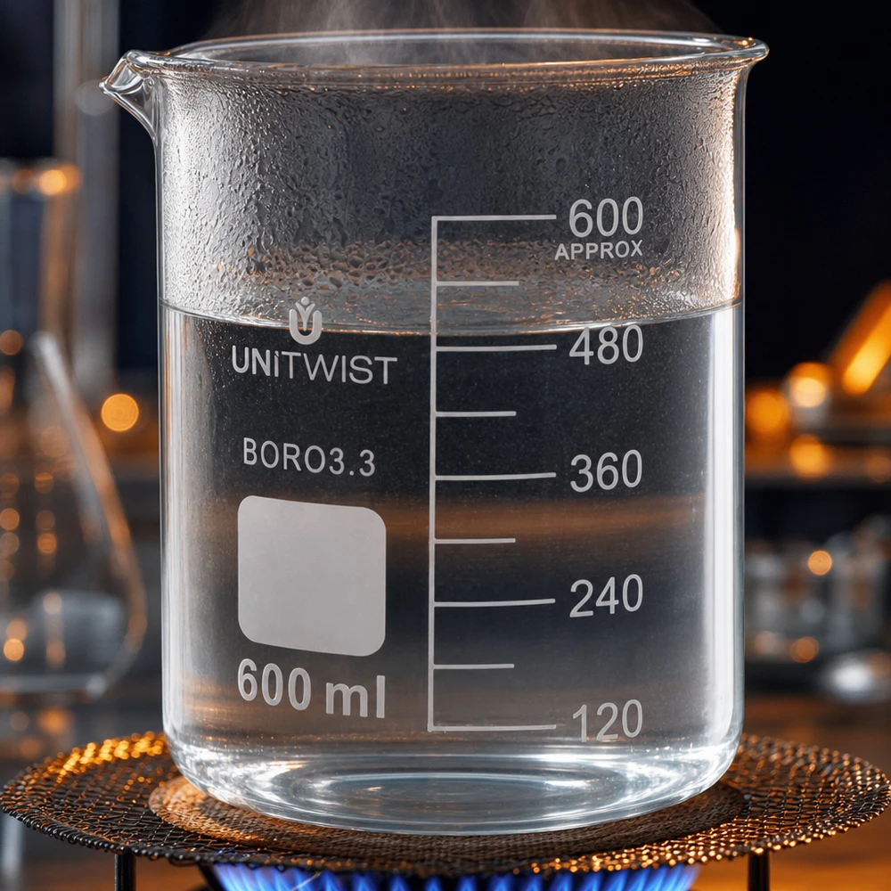 Bicchiere da laboratorio da 600 ml riscaldato su un bruciatore a gas con acqua bollente e vapore UNiTWIST in borosilicato