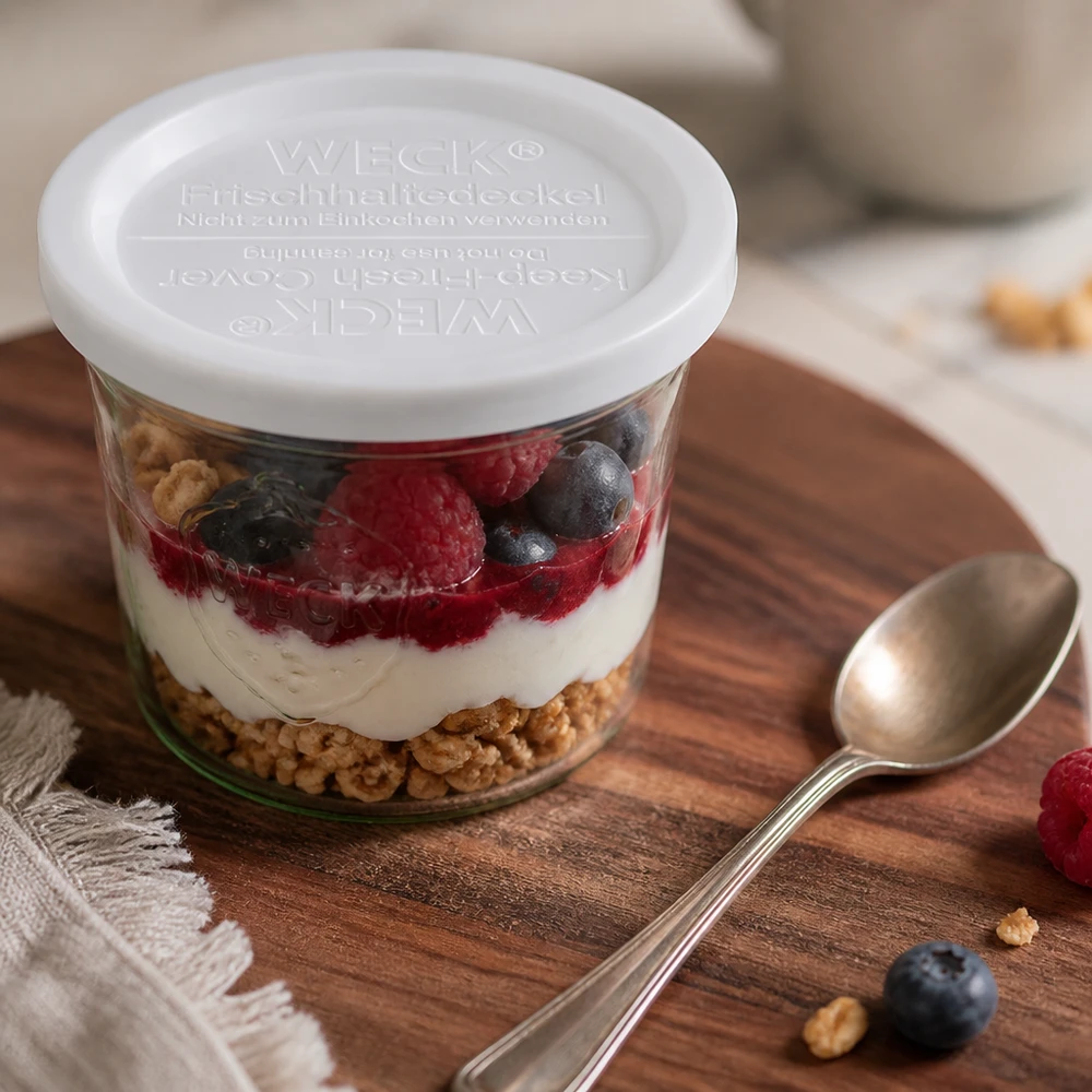 WECK/REX Coperchio salvafreschezza RR120 Coperchio WECK keep-fresh RR120 su dessert di yogurt e bacche in vasetto con cucchiaio su tavola di legno Accessori da cucina