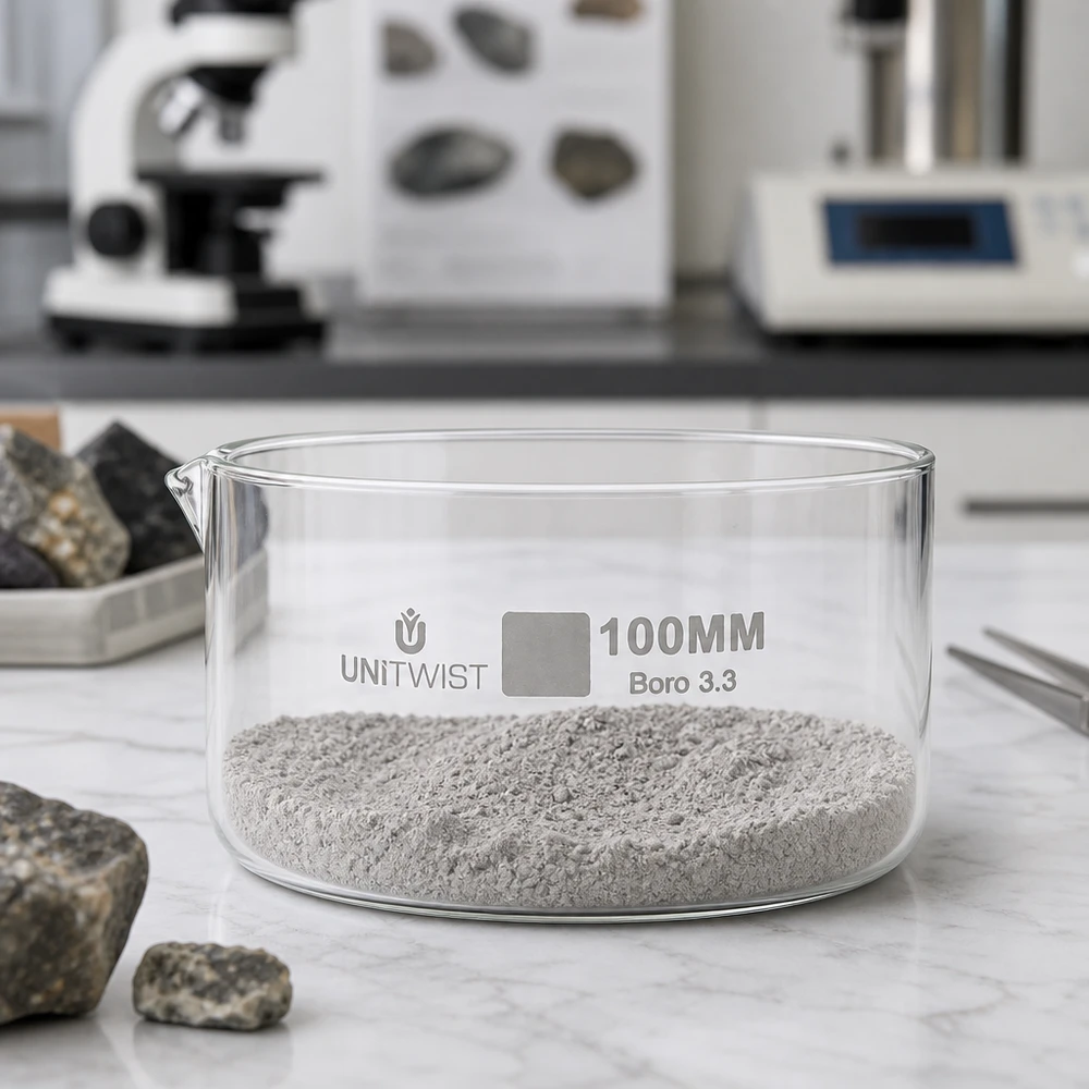 Piatto per cristallizzazione ø100mm in vetro borosilicato UNiTWIST UNiTWIST Vaschetta di cristallizzazione da 100 mm riempita con polvere minerale grigia Vetro borosilicato Da laboratorio