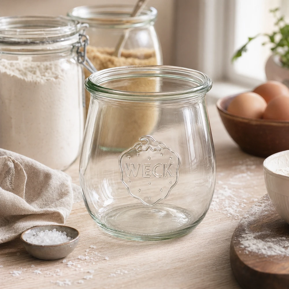 WECK vaso a tulipano 220ml RR60 trasparente vuoto in cucina con farina, uova e ingredienti da forno su un tavolo di legno