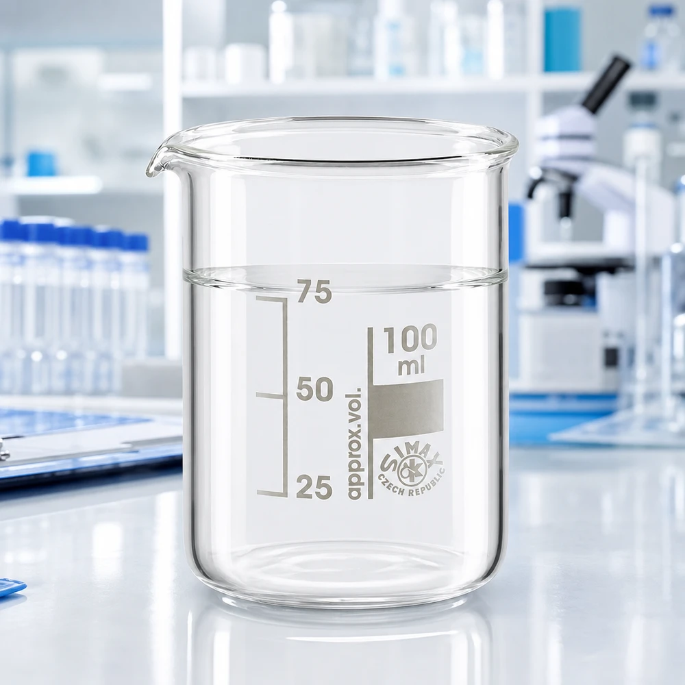 Bicchiere trasparente da 100 ml in robusto vetro borosilicato con graduazione precisa del volume