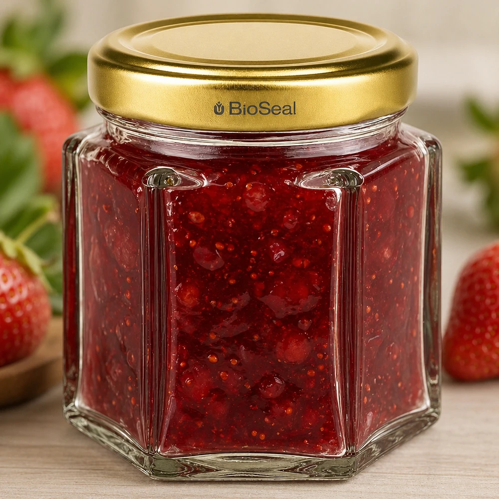 Vasetto per miele da 60 g con capsula dorata BioSeal UNiTWIST BioSeal 60g barattolo di miele esagonale riempito con marmellata di fragole e tappo a vite dorato da cucina