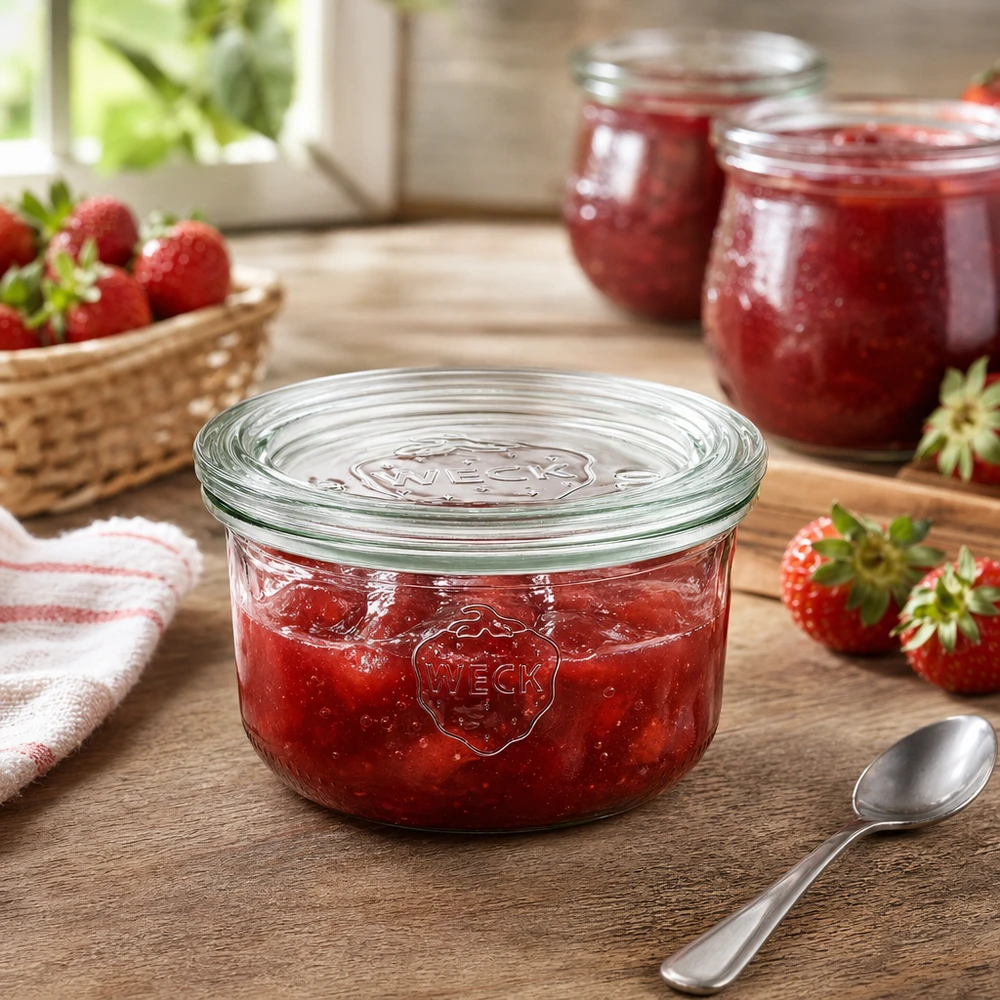 Bicchieri da 165 ml con coperchio in vetro WECK RR80 Barattolo WECK 165ml RR80 pieno di marmellata di fragole su un tavolo di legno con fragole fresche e cucchiaio