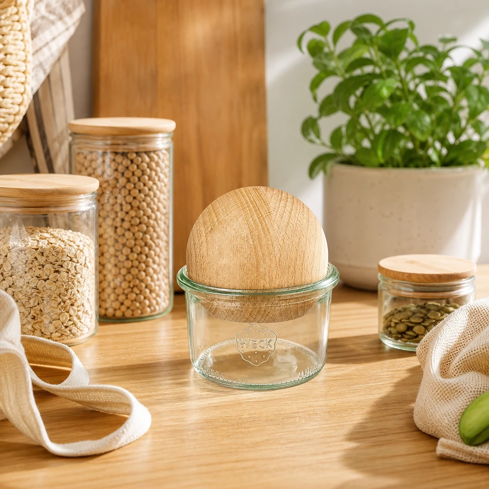 Bicchieri WECK 200ml RR80 con sfera in legno di faggio in cucina a rifiuti zero, circondati da barattoli di stoccaggio sostenibili e sacchetti in tessuto